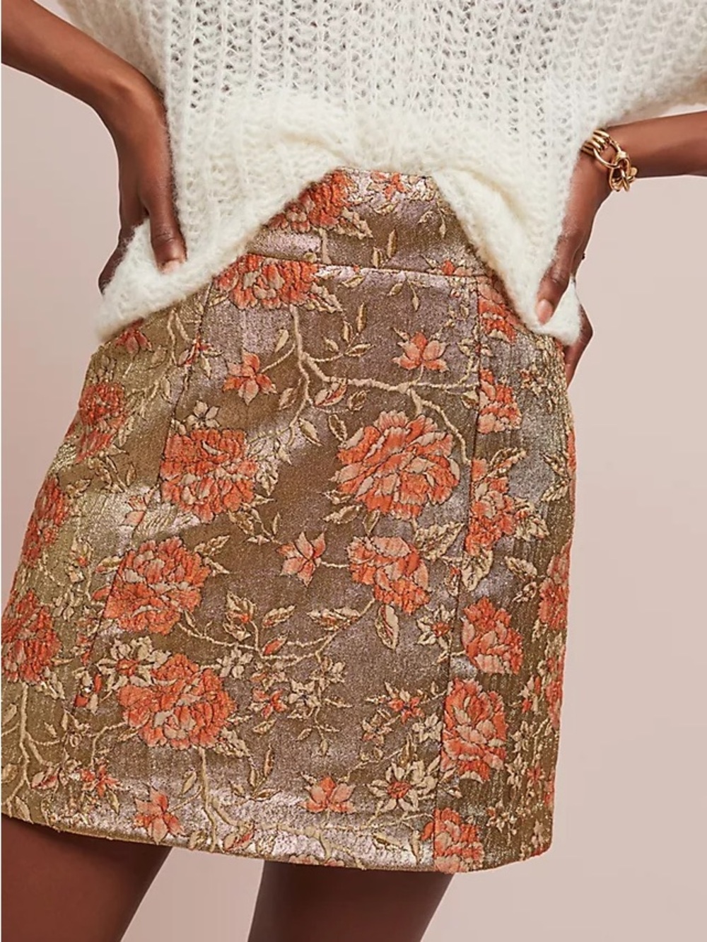 Maeve Gold Floral Brocade Mini Skirt with Orange Blooms